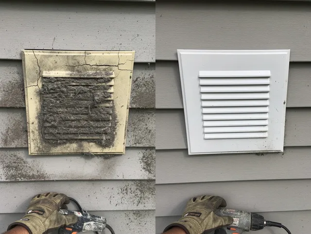 Pico Rivera Dryer Vent Cleaning technician installing high-quality dryer vent cover at a residential property in Pico Rivera