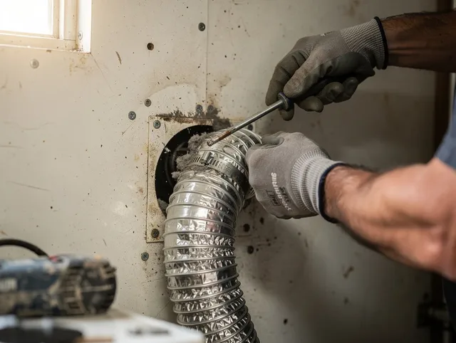 Pico Rivera Dryer Vent Cleaning technician performing precise dryer vent hose installation in Pico Rivera